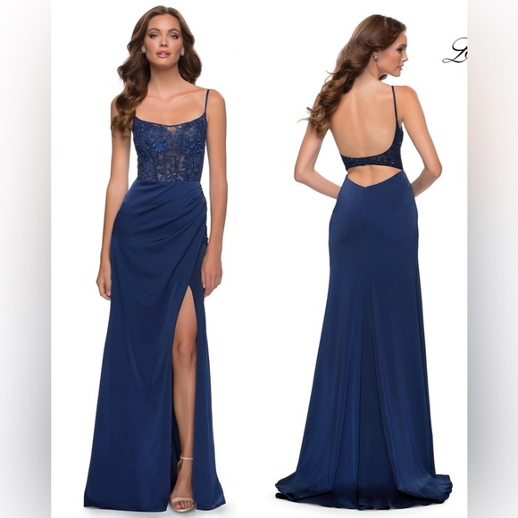 New! La Femme 29888 Scoop Laced A-Line Satin Beaded Evening Gown Navy Blue 💙 10 - Picture 1 of 13